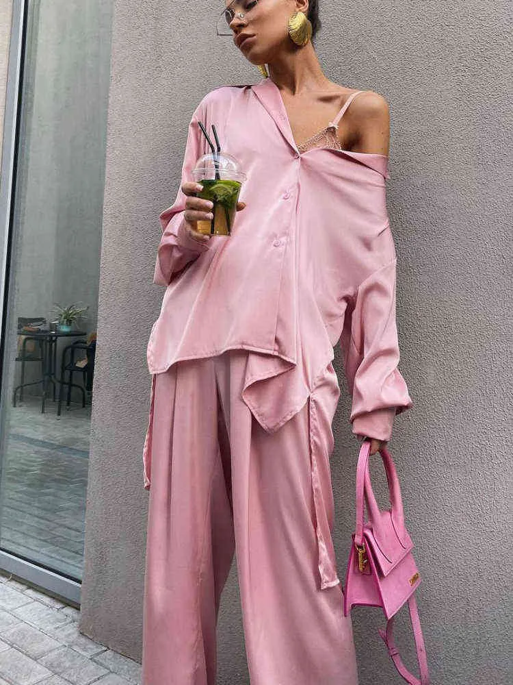 Parcours féminins Bornladies 2022 Femmes 2 pièces Set Pink Satin Elegant Loose Long Sleeve Top High Taist Casual Wide Jam Leg Pants T220827 T220830