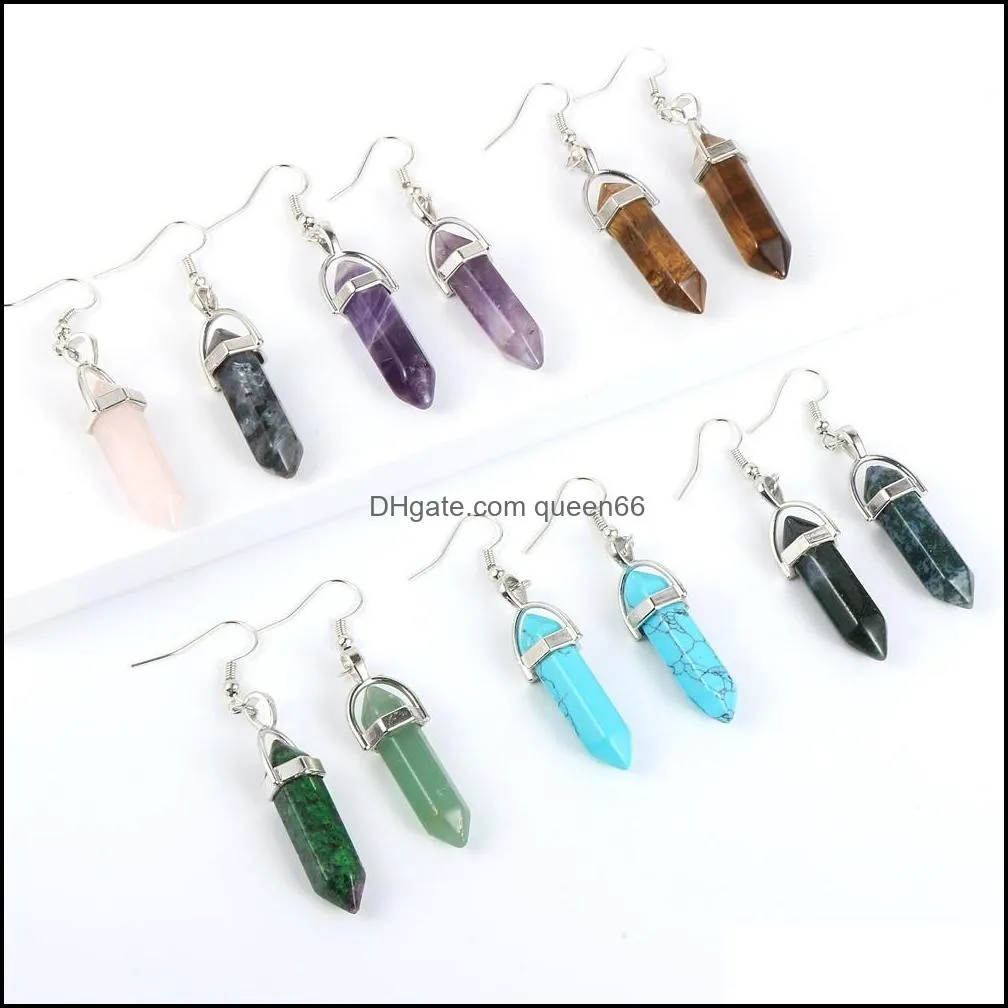 Charme Prisme Hexagonal Rose Cristal Quartz Oeil De Tigre Opale Pierre Charmes Turquoises Boucles D'oreilles Améthystes Boucle D'oreille Suspendue Mode Femmes Juif Dhv10