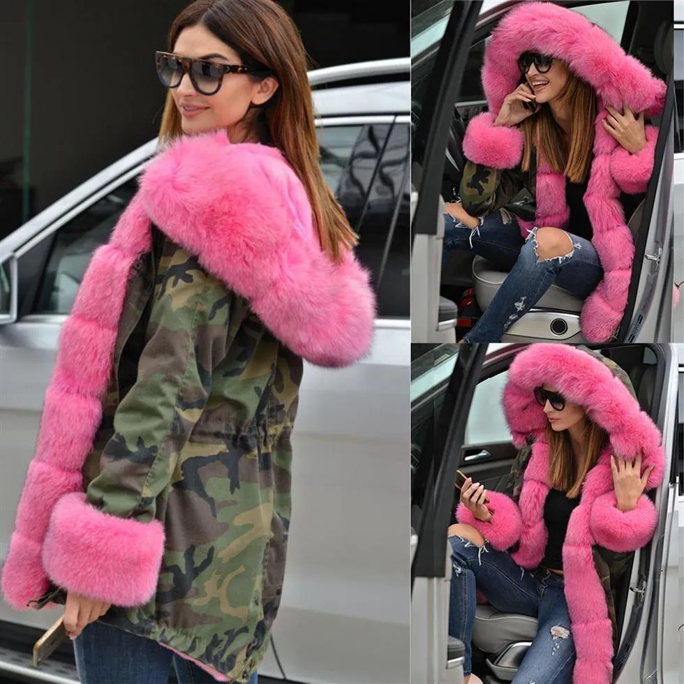 겨울 여성 두껍게 핑크 가짜 모피 위장 파카 여성 후드 롱 패션 재킷 오버 코트 플러스 크기 M-5XL3230