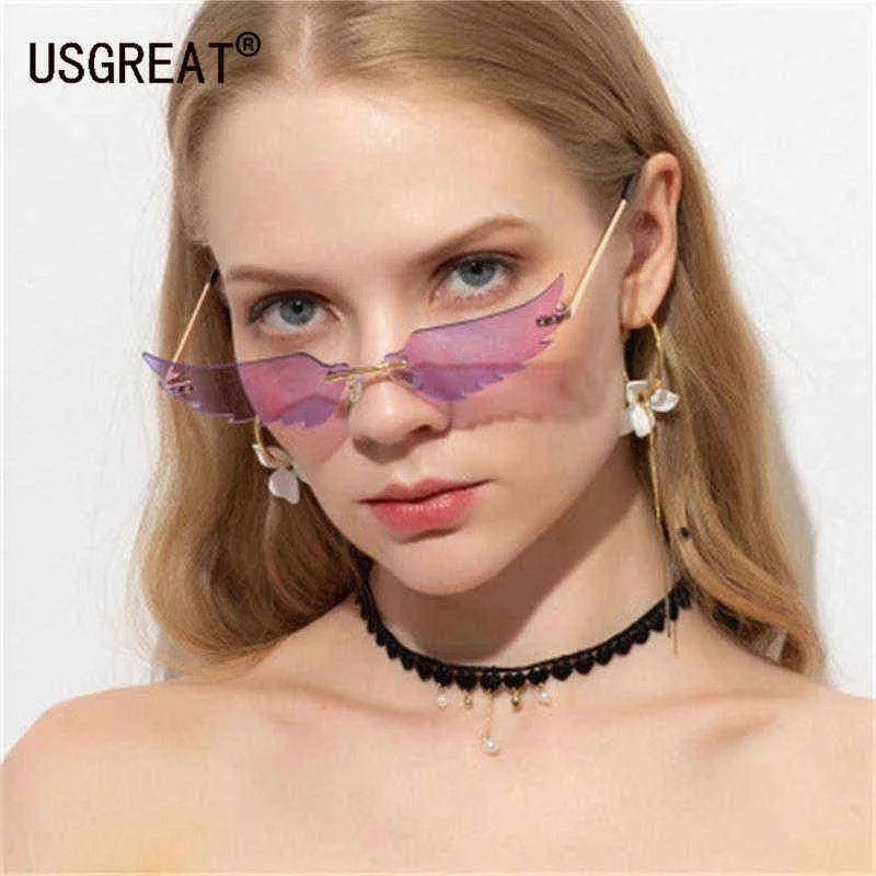 Lunettes de soleil 2022 Wave Cat Eye Lunettes de soleil Femmes Hommes Lunettes de soleil sans monture pour femmes Vintage Lunettes de soleil Metal Shades Angel Wing Lunettes UV400 T220831