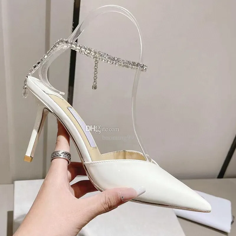 2022 Sandali firmati più recenti Punta a punta Cinturino alla caviglia con strass Tacchi alti 8,5 cm Pelle verniciata Nero Nudo Bianco Scarpe da donna Décolleté Scarpe eleganti da festa con scatola Sz 35-42