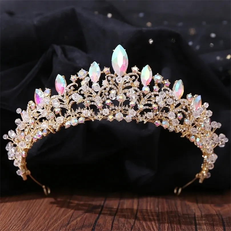 Bruiloft haar sieraden barokke handgemaakte gouden ab kleur kristallen kralen bruids tiaras kroon grote optocht diadeem hoofdband accessoires 220831