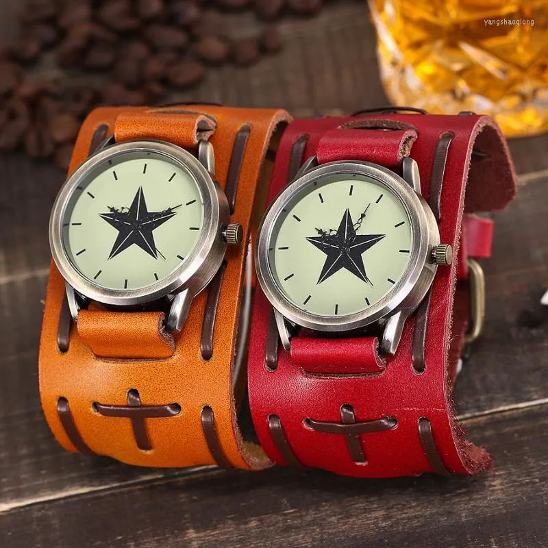 Bilek saatleri damla punk tarzı erkekler antik yıldız kadran bilek saatleri vintage orijinal deri kuvars saat relogio maskulino