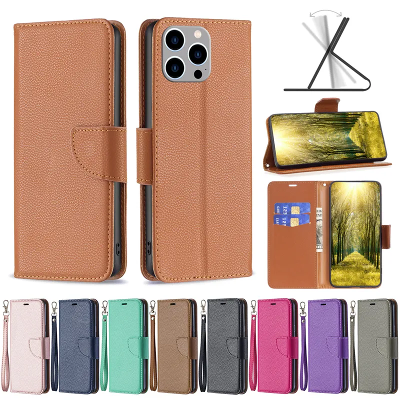 BF Litchi PU Leather Wallet Wallet with Strap Case for iPhone 14 13 12 Mini 11 Pro XR XS Max X 8 Samsung S8 S10 Plus S20 Fe S21 S22 Ultra Note 10 20