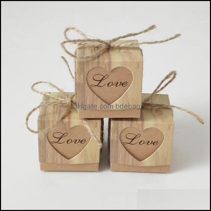 Geschenkafwikkel Candy Box Romantisch hart Kraft Geschenktas met jute Twine Chic Wedding Gunsten Leveringen 5x5x5cm 179 V2 Drop Delivery 2021 Ho DHBUN