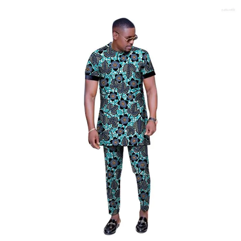 Survêtements pour hommes imprimé coloré ensemble pour hommes chemises à revers à manches courtes avec pantalon Style nigérian costume de marié homme traditionnel africain