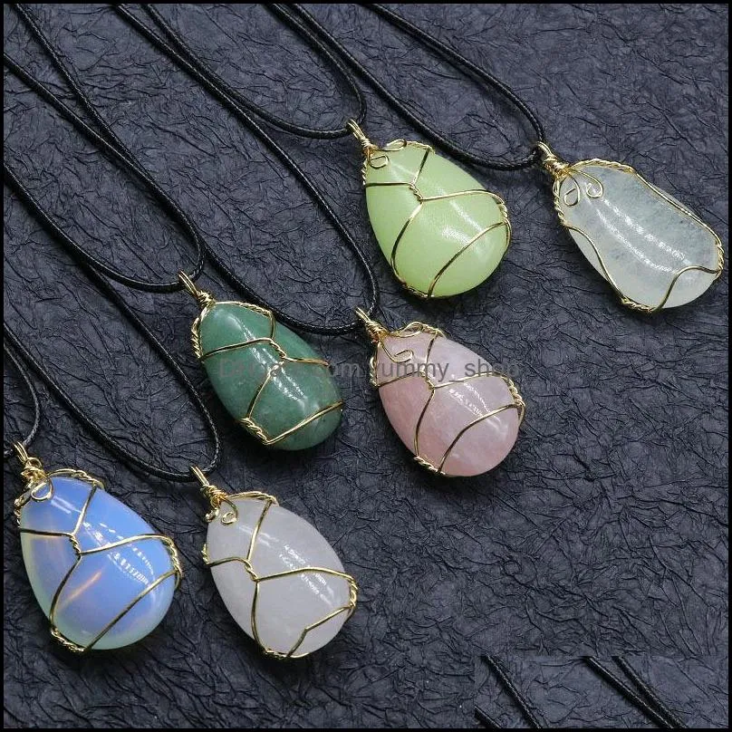 Pendant Necklaces Gold Copper Wire Wrap Natural Stone Oval Teardrop Pendant Reiki Healing Crystal Necklace Pink Quartz Chakras Pendo Dhsec