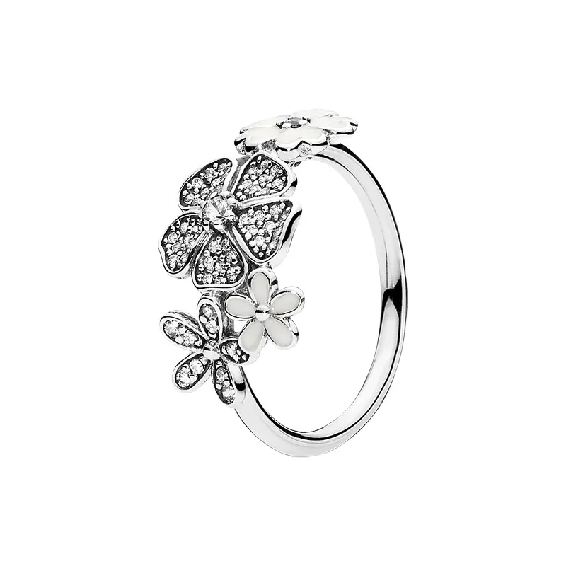 Womens White Daisy Flower Ring 925 Stelring Silver Wedding Party Jewelry for Pandora CZ Diamond Girlfriend Rings with Original Box