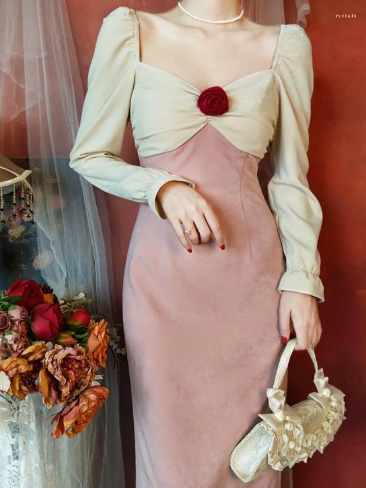 Robes décontractées France rose Vintage robe Wowen Patchwork élégant moulante rétro Midi femme soirée Ladie fête 2022