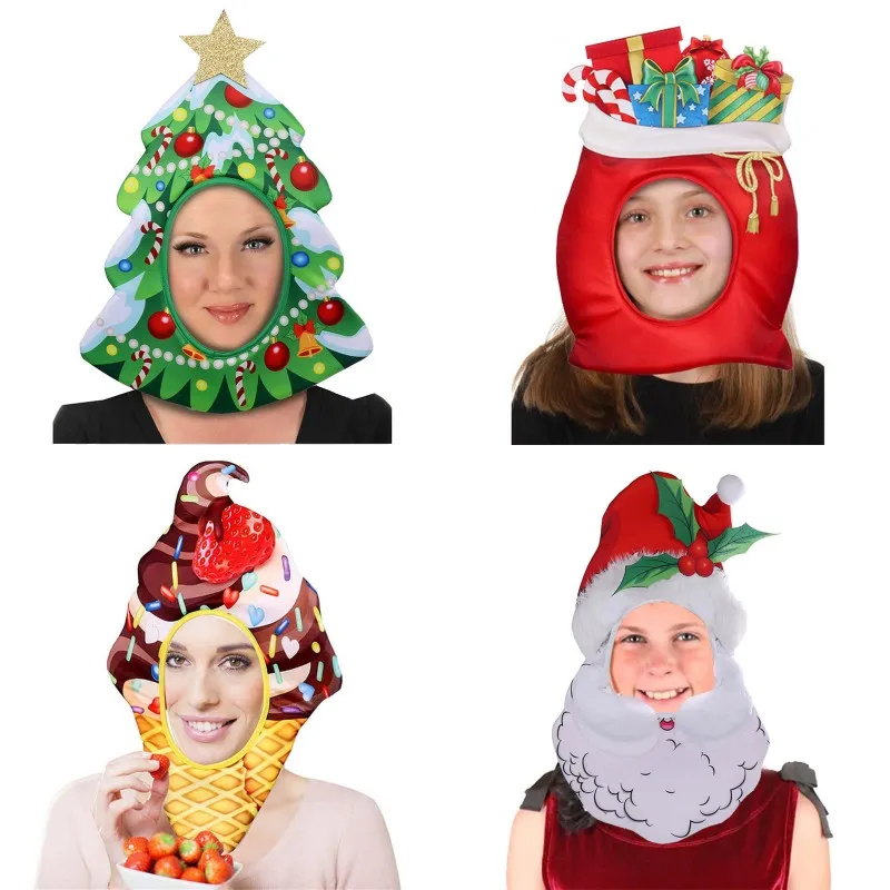 Christmas Costume Hats Tree Santa Strawberry Pizza Dounut Design Funny Christmas New Year Cosplay Accessory