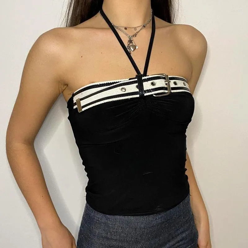 MakeMeChic Women's Floral Halter Crop Top - Backless Y2k Fitted Tank For Summer