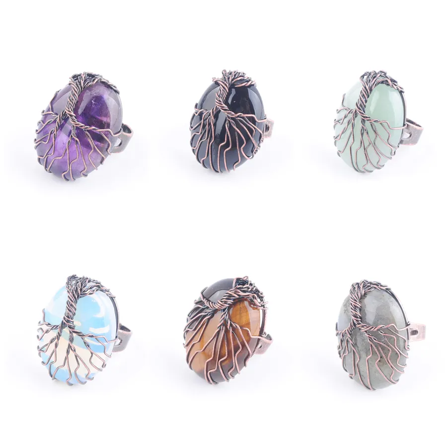 Adjustable Ring Women Man Fingers Jewelry Natural Stone Oval Shape Vintage Copper Wire Wrapped Tree of Life Antique Rings BX306