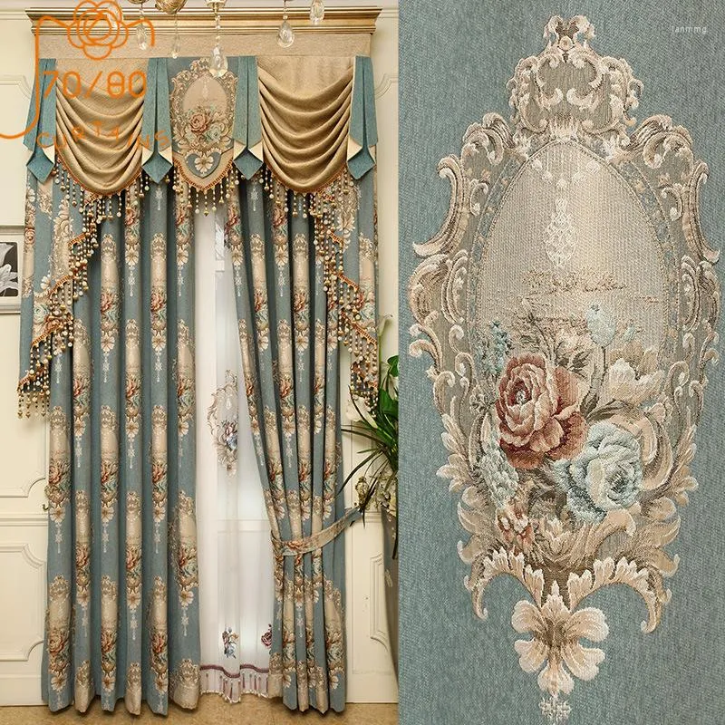 Vorhang, blaugrau, hochwertiger Chenille-Jacquard, verdickte Verdunkelungsvorhänge für Wohnzimmer, Schlafzimmer, Trennwand, Villa, Volant