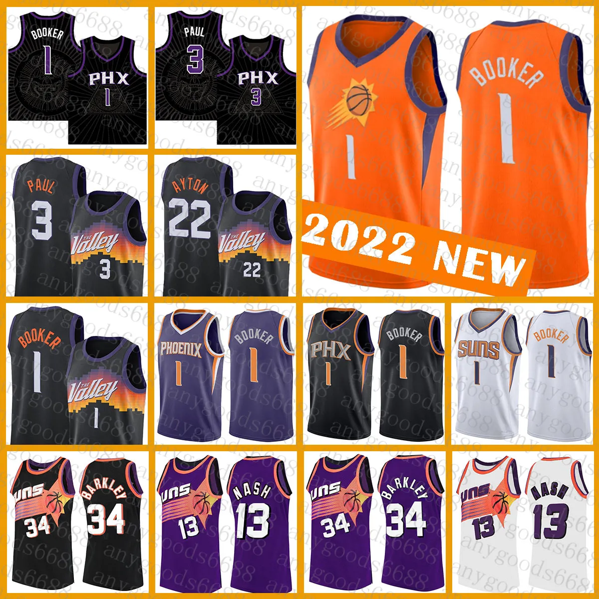 Devin Booker Basketball Jersey Phoenixs Sun 1 3 13 34 22 Orange Chris Paul Steve Nash Charles Barkley DeAndre Ayton 562