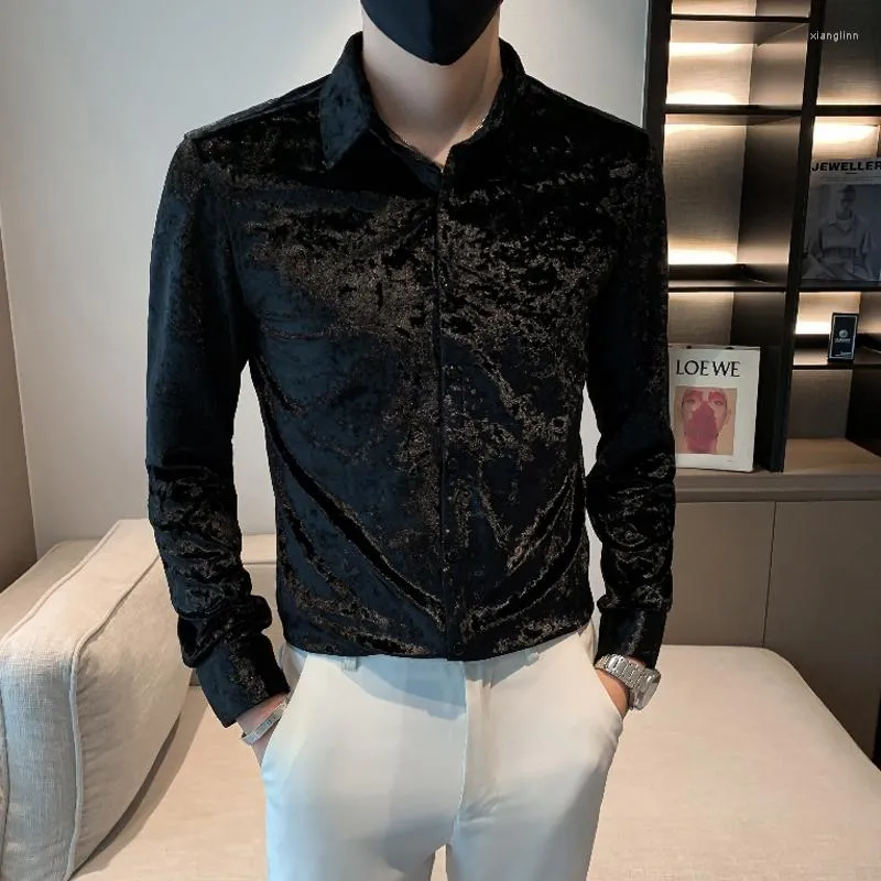 Mäns avslappnade skjortor Luxury Blue Black Elegant Gentleman Velvet Dress for Mens Soft Cozy Velor Stretch Clothes Party Club Korea Fashion