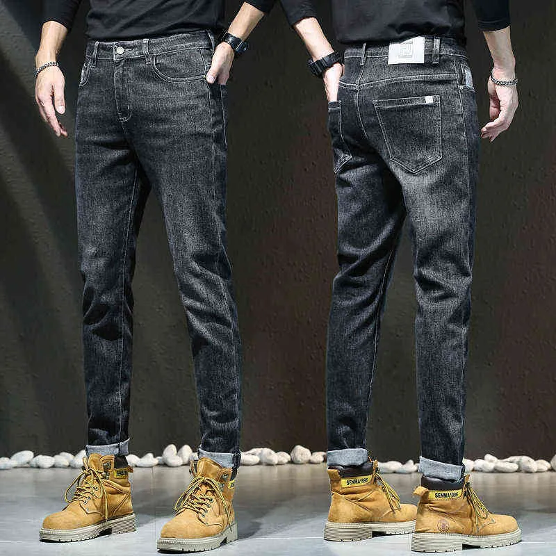 Noir hommes gris jean hommes coupe ajustée petit Tube droit pantalons longs automne élastique décontracté Version coréenne Trend251m