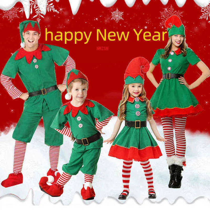 무대웨어 남자 여자 여자 여자 크리스마스 산타 클로스와 그린 엘프 코스프레 가족 크리스마스 파티 새해 멋진 드레스 옷 세트 t220901