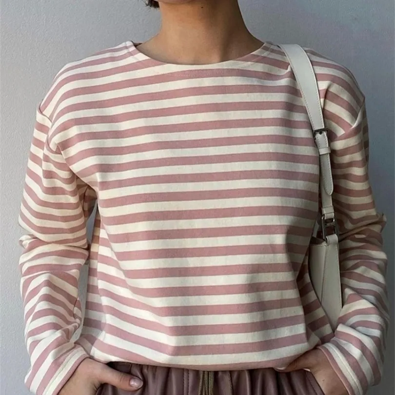 Женская футболка Wotwoy Осенью с длинным рукавом рыхлой полосатой футболка.