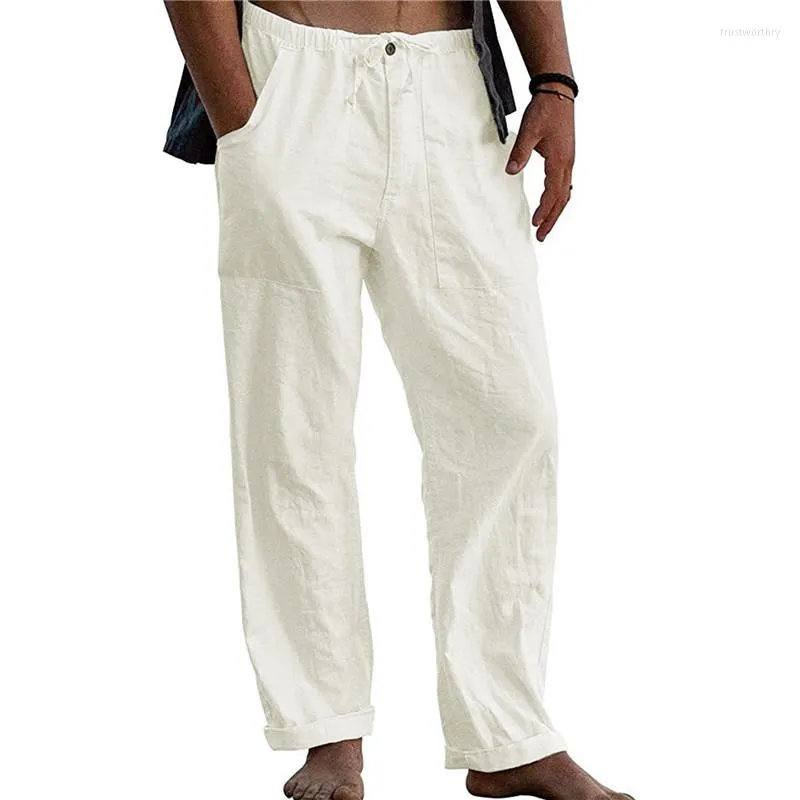 Pantaloni da uomo in lino di cotone bianco da uomo 2022 pantaloni da yoga leggeri larghi casual da uomo spiaggia estiva lunga con bottone con coulisse