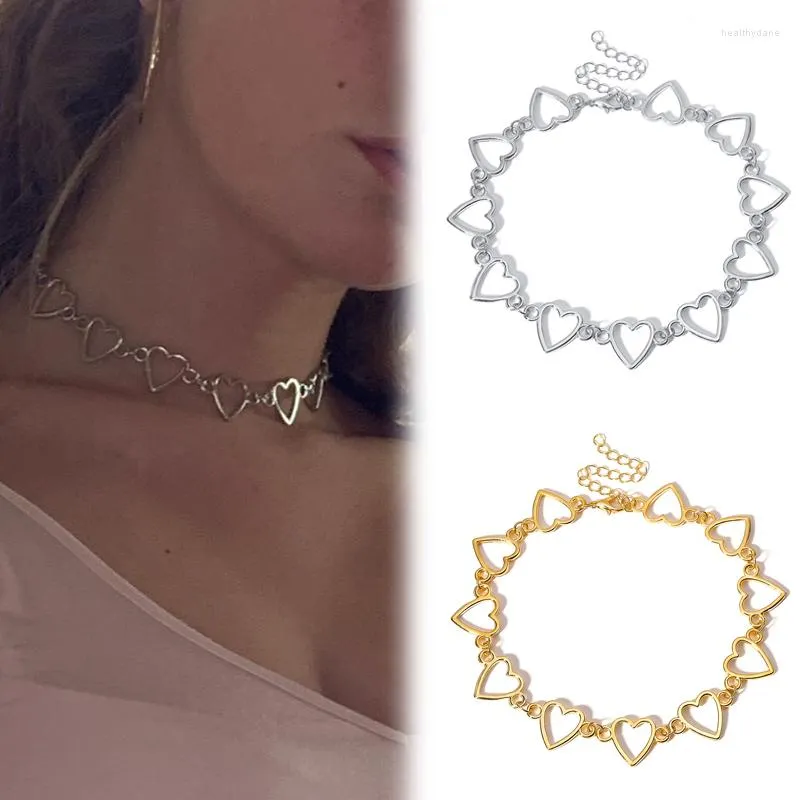 Gargantilla, collares de cadena de eslabones de corazón hueco, collar dorado de Metal para mujeres y niñas, joyería de declaración, regalo de fiesta