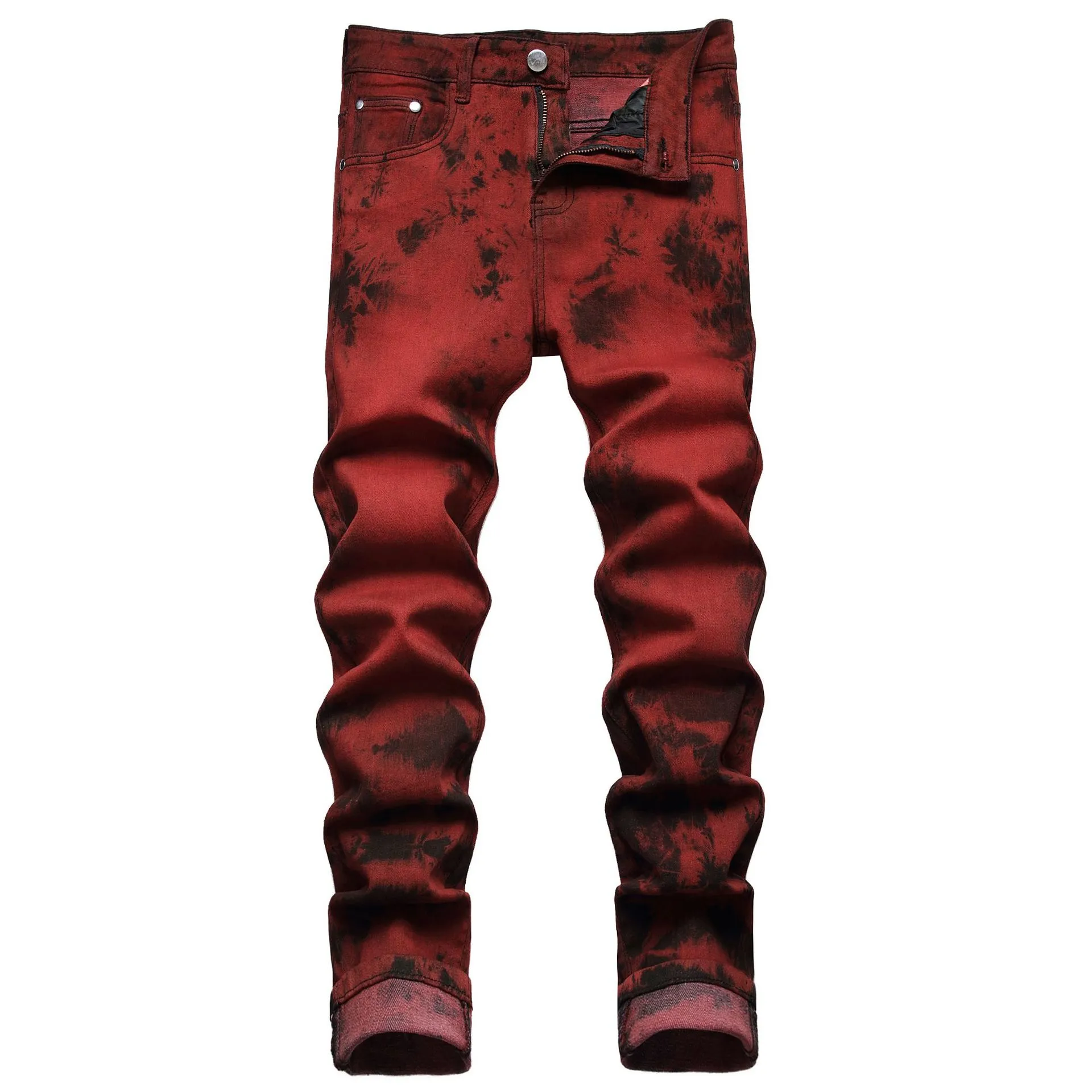 Herren Skinny Jeans Stretch Krawatte Dye Red Street Fashion Persönlichkeit Designer Jean Casual Bleistift Hosen