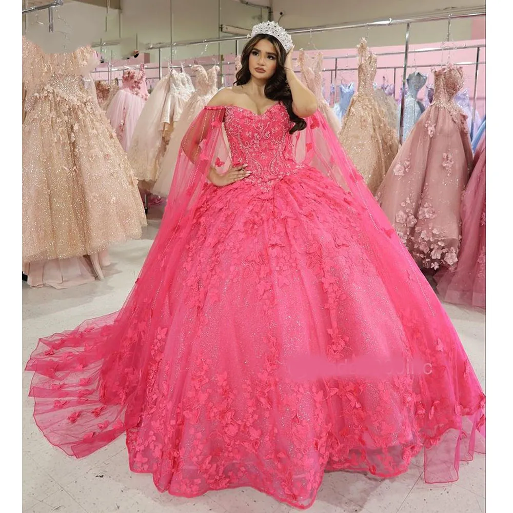 Fuchsia Off Shoulder Princess Quinceanera Dresses with cape Butterfly Lace-Up corset prom Sweet 16 Dress Vestidos De 15 Anos