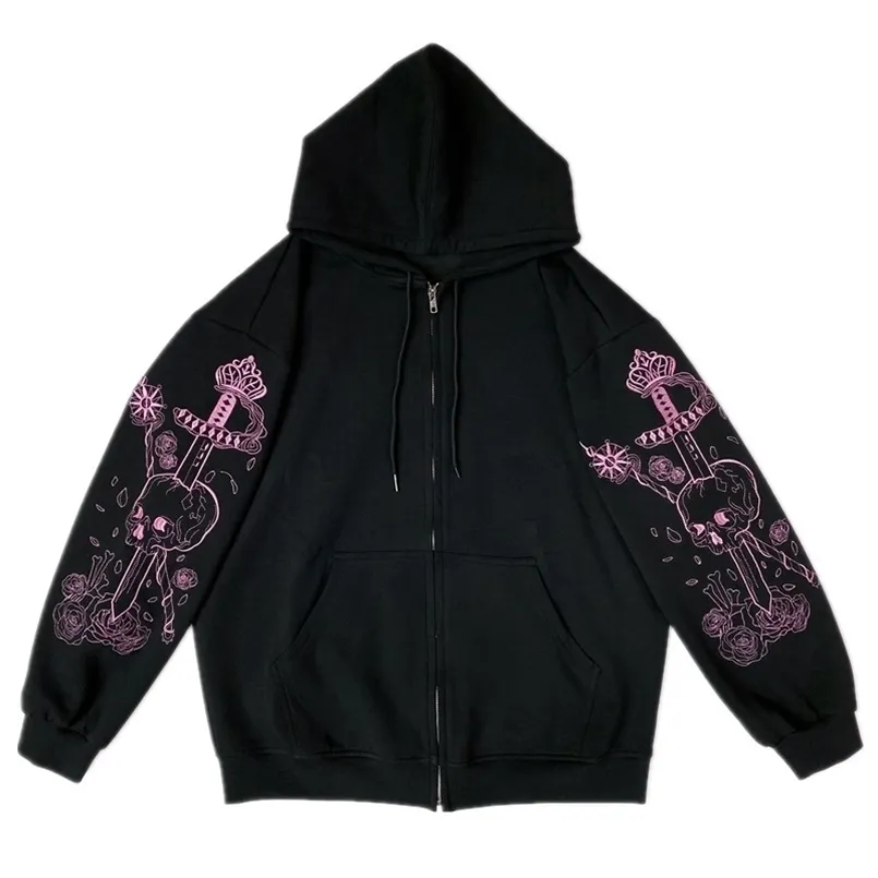 Kvinnors hoodies tr￶jor Punk Graphic Print dragkedja Ribbon Hooded Hoodie Vintage Black Oversize Coat Sweatshirt 90s Streetwear Clothes Jacket Top 220902