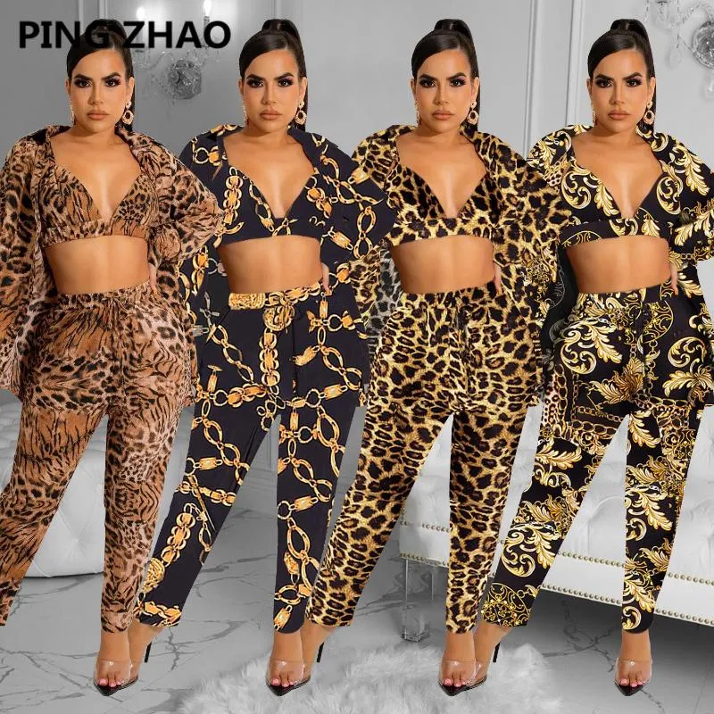 Pantalon deux pièces femme imprimé chaîne léopard 3 ensembles soutien-gorge haut chemise à manches longues manteau et mode Sexy automne vêtements costumes