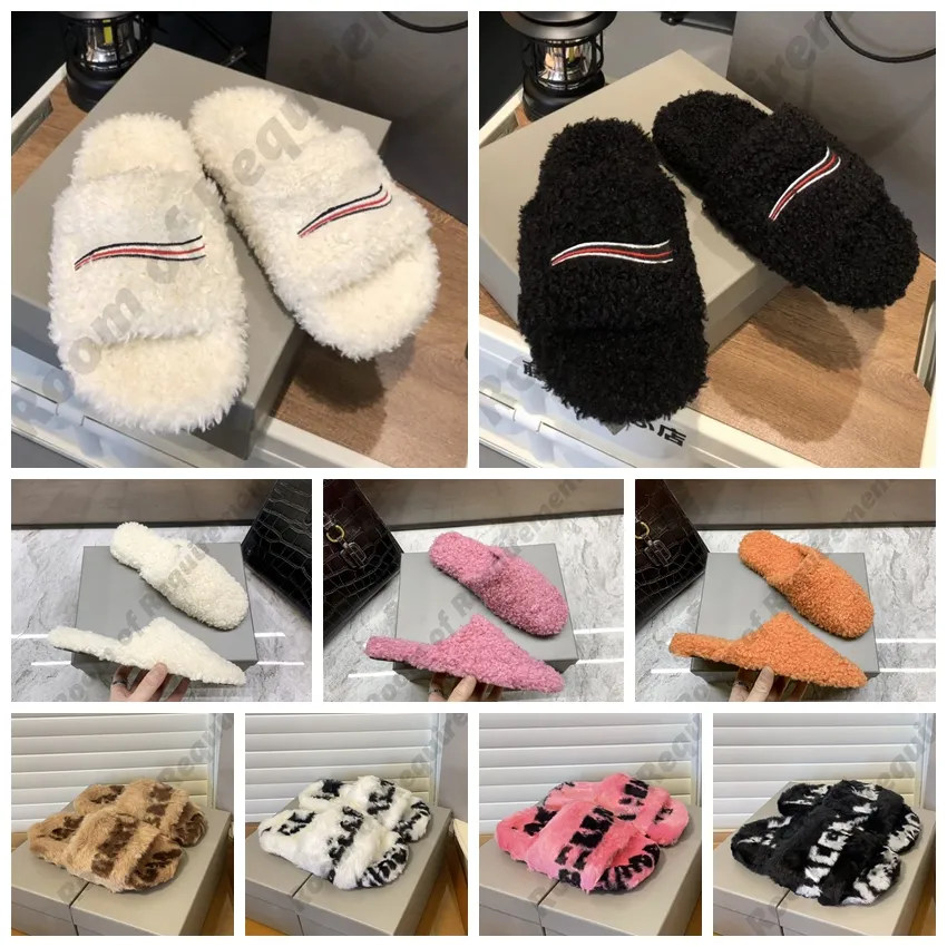 2022 harige slippers teddy platte donzige slipper sandalen geborduurde letters Paris Franse sandaal platte niet-slip pluche dames schoen zwart rood blauw wit roze met doos