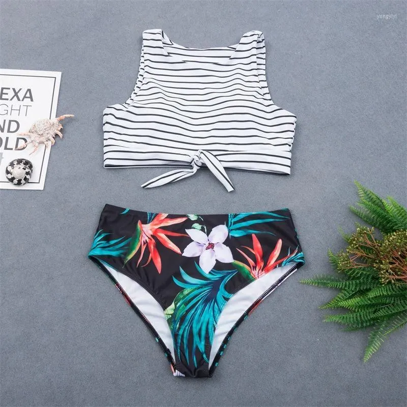 Bikini set wysoko szyi bikini kwiatowy nadruk kąpielowy bandaż stroje kąpielowe bikini solid tankowane kostium kostiumu upraw