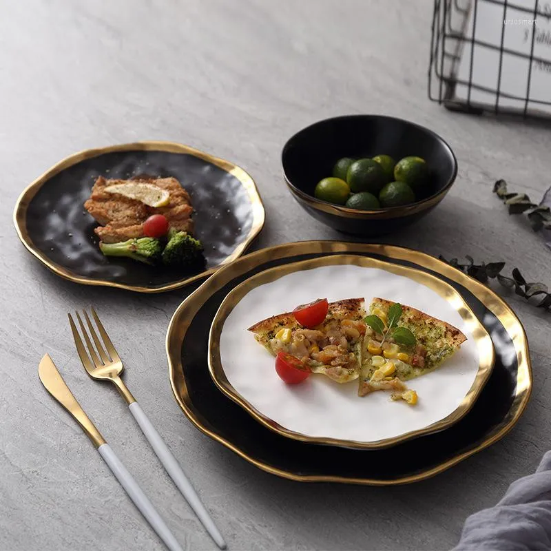 Plates Ceramic Dinner Plate Gold Inlay Snack Dishes Luxury Edges Dinnerware Kitchen Black And White Tray Tablware Set237V