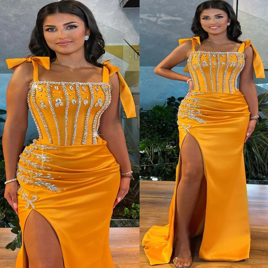 Yellow Beaded Mermaid Rhinestone Prom Dress With Crystals 2022 Arabic