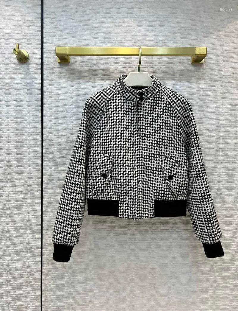 Giacche da donna Lattice per uccelli di fascia alta da donna Colletto alla coreana da donna Manica lunga Cerniera Cappotti corti Donna Casual Plaid di colore a contrasto