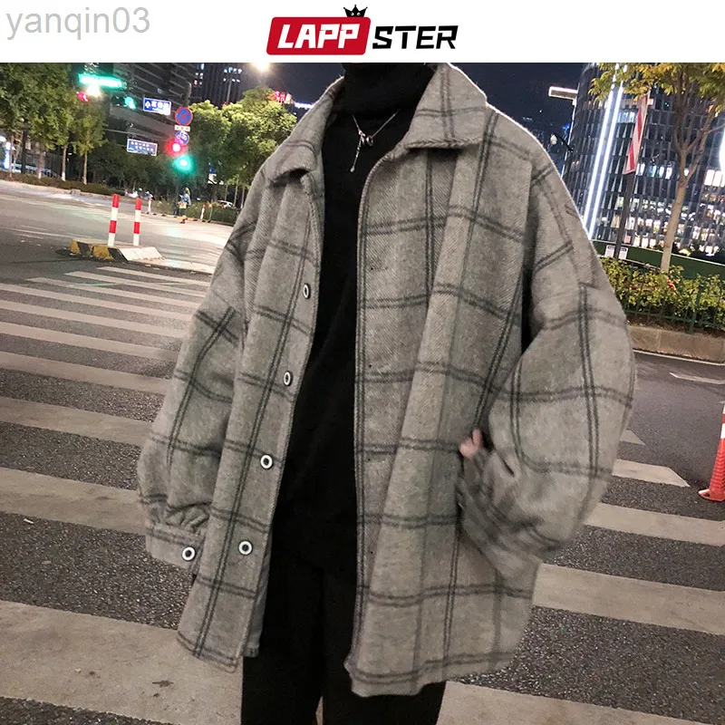 Herenpakken blazers lappster mannen Koreaanse stijl plaid overjas 2022 wol heren streetwear windjacket harajuku modes oversized jassen l220902