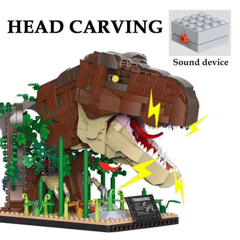 Blokkeert blokkeert Jurassic Dinosaur World Tyrannosaurus Rex Head Canving Model Bouwstenen Goth Beast Dino Park Figuren met geluid bakstenen speelgoed T220901