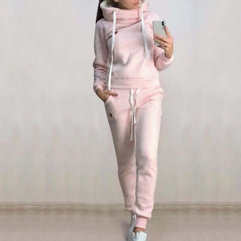 Women's Two Piece Pants 2Pcs Women Jogging Suit Solid Color Tracksuits Fleece Lined Hoodies Pants Set 220902