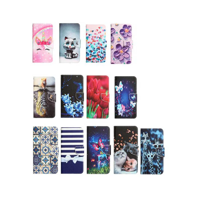 Fashion Flower Farterfly Leather Plånbok Fall för iPhone 15 14 Pro Max 13 12 11 XS XR X 8 7 Print Cat Tiger Bow Cartoon Card slot Holder Flip Cover Pouch Smart Phone Pouch
