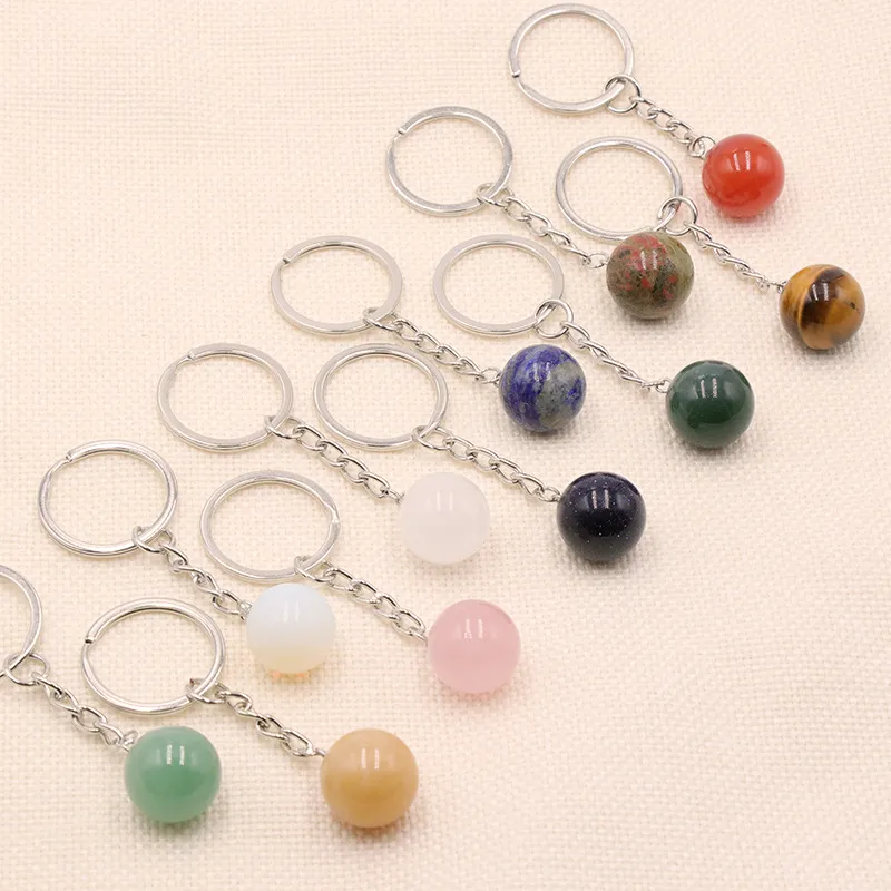 자연 스톤 16mm 라운드 볼 키 반지 Tiger 's Eye Rose Quartz Agate Keychains 자동차 장식 키 체인 키 홀더