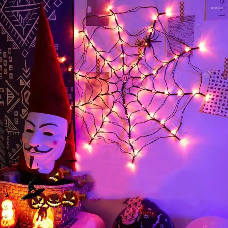 سلاسل Thrisdar 70 Halloween LED MESH Net Net Orange Purple Spider Web مقاومة للماء للديكور المخيف