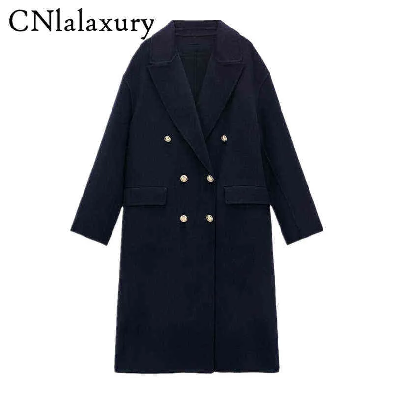 Women's Down Parkas CNlalaxury Autumn Woman Dark Blue Double Face Woolen Coat Long Sleeves Double Breasted Fashionable Coat Female Solid Color Top T220902