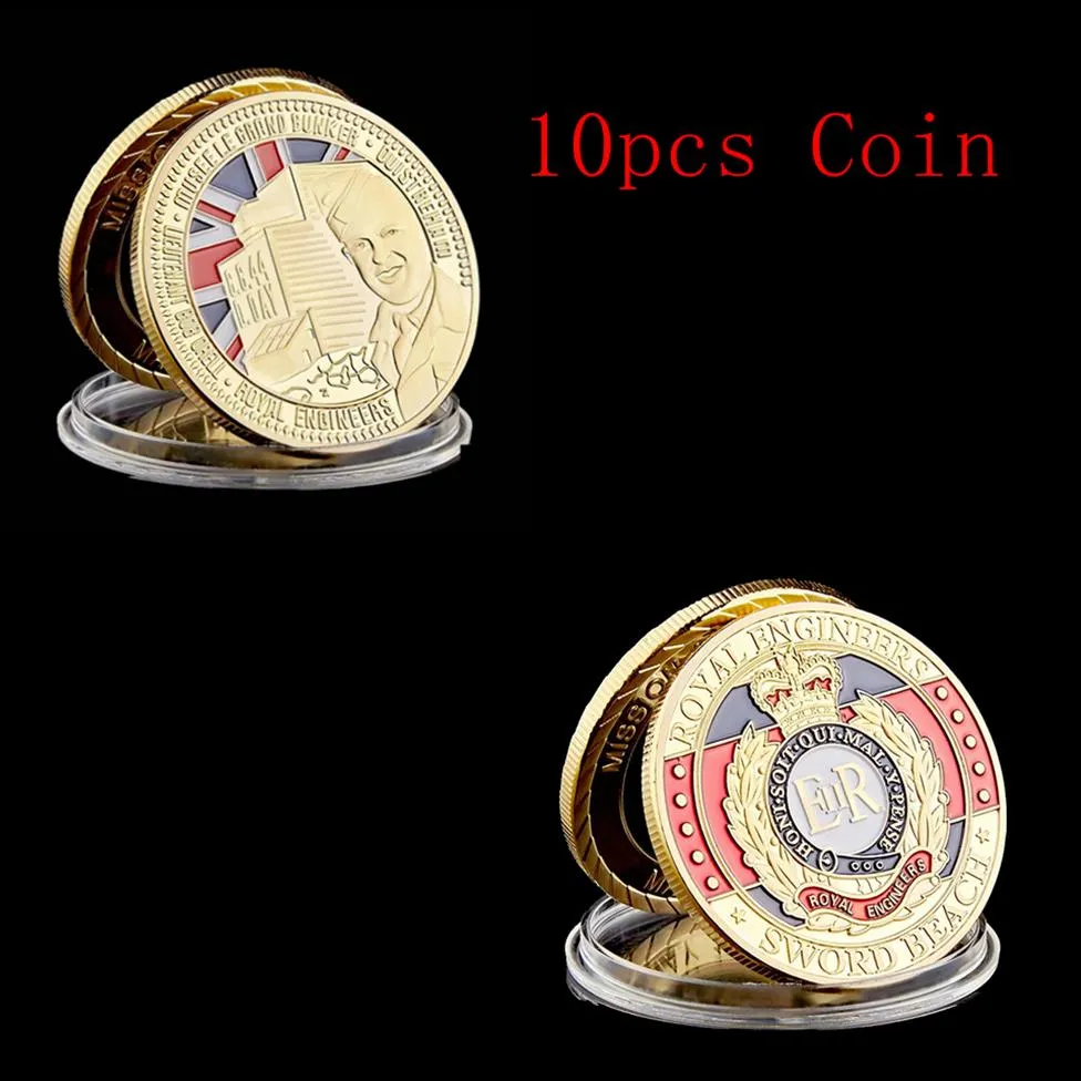 10pcs 프랑스 소드 비치 기념품 챌린지 공예 유로 로얄 엔지니어 D-Day Gold 도금 기념 금속 동전 가치 Collection268b