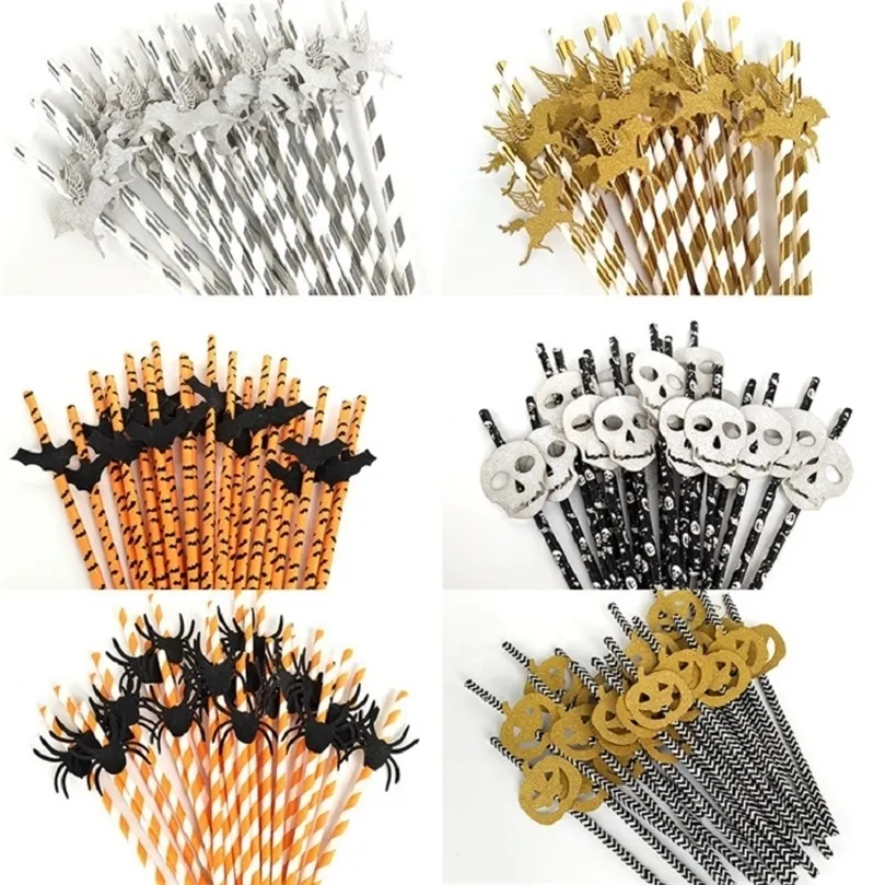 Autres fournitures de fête d'événement 25pcs Pailles en papier d'Halloween Citrouille Fantôme Bat Stripe Paille à boire Happy Halloween Party Favors Décoration pour la maison Fournitures 220901