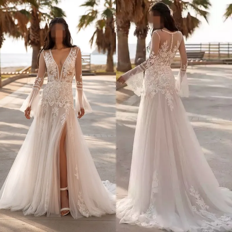 A Line Wedding Dresses Graceful 2022 Formal embroidery corset V-neck sexy leg opening moderate wedding gowns B0902