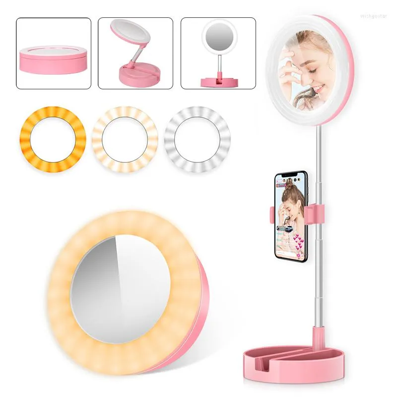 Miroirs compacts miroir de maquillage LED lumière annulaire Selfie lampe avec pince de téléphone pour support vidéo Youtube vanité à intensité variable