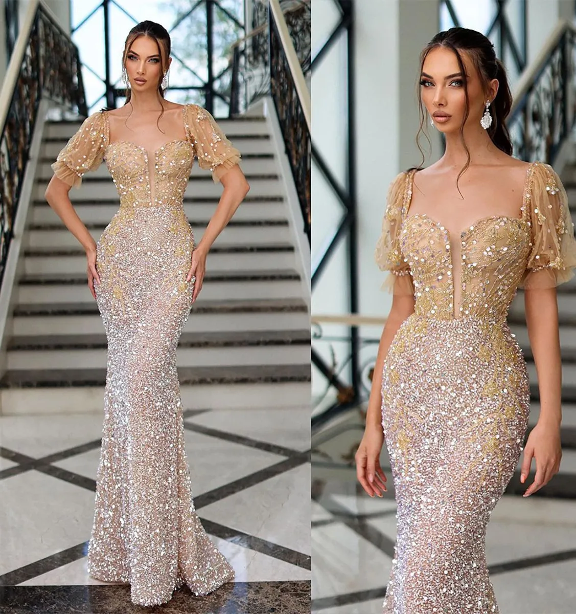 Shiny Champagne Mermaid Prom Dresses Square Collar Short Sleeves Party Dresses Sequined Beaded Custom Made Evening Dress
