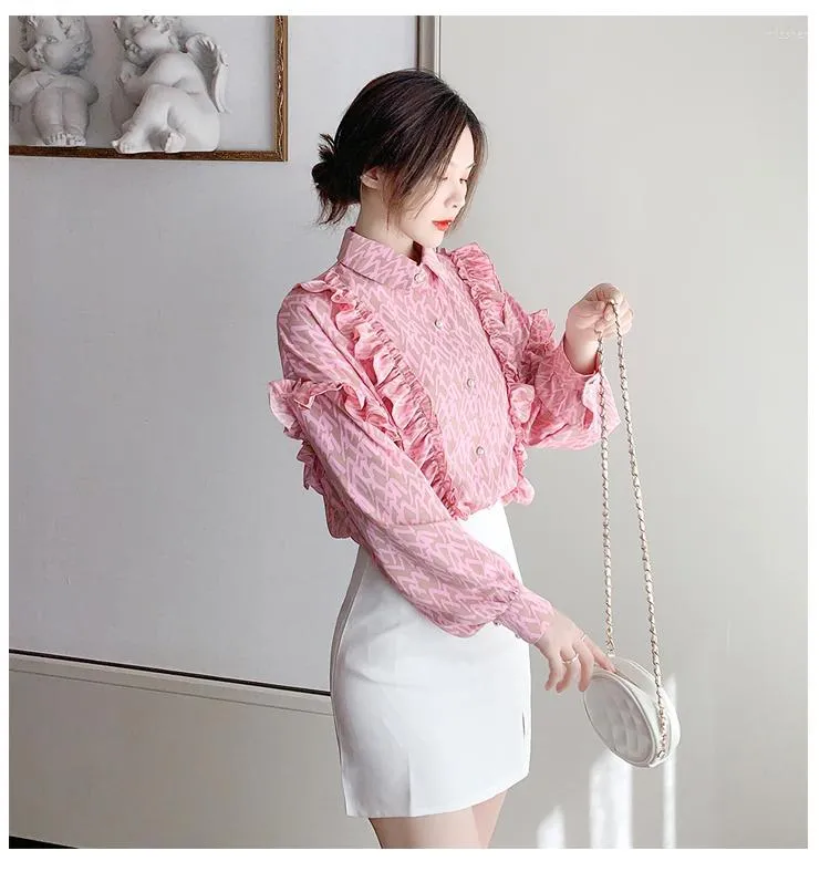 Damesblouses damesoverhemden print chiffon shirt zoete lentekleding 2022 lange mouw chic gegolfde blouse kantoor dame all-match