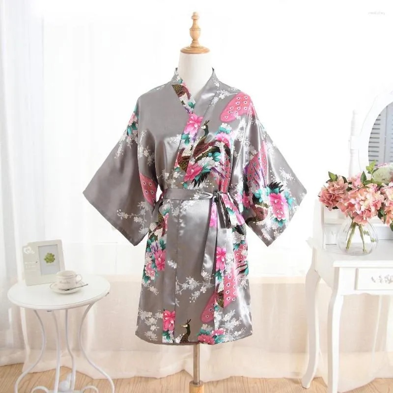 Women's Sleepwear Women Satin Short Nightgown Kimono Robe Gray Bathrobe Floral Pajamas Wedding Bride Bridesmaid Sexy Dress Gown One Size