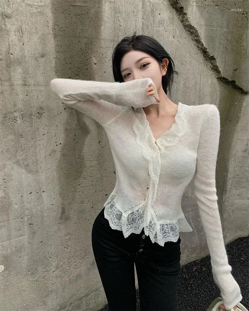 Women's Knits Women's & Tees Elegant Woman Lace V-Neck Cropped Top Sweater For Autumn Long Sleeve Single Breasted Slim Cardigan Jumpers