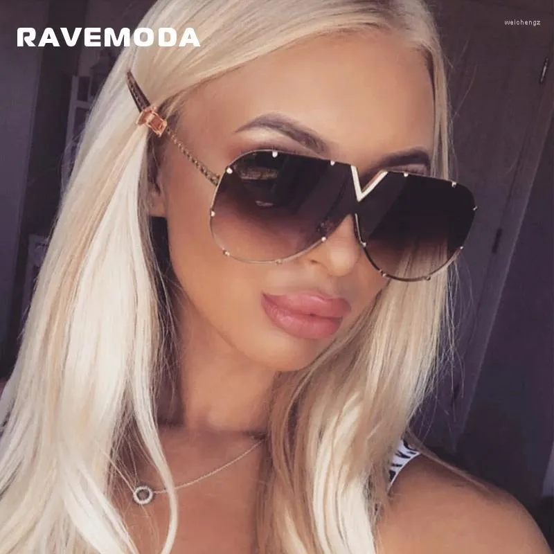 Солнцезащитные очки RAVEMODA, известный бренд, дизайнер, V, женский металлический каркас, негабаритные, индивидуальные солнцезащитные очки без оправы, унисекс, Oculos De Sol