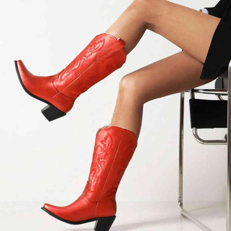 Laarzen cowgirls wig chunky hiel borduurwerk cowboy dames schoenen mode vintage slip op 2022 nieuwe vrouwelijke punk 220901
